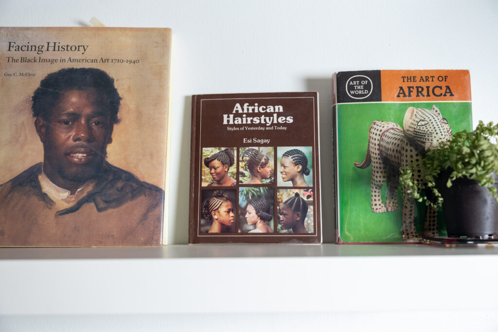 Three books—"Facing History," "African Hairstyles," and "The Art of Africa"—displayed on a white shelf next to a potted plant. Photo by Tonal Mondae.