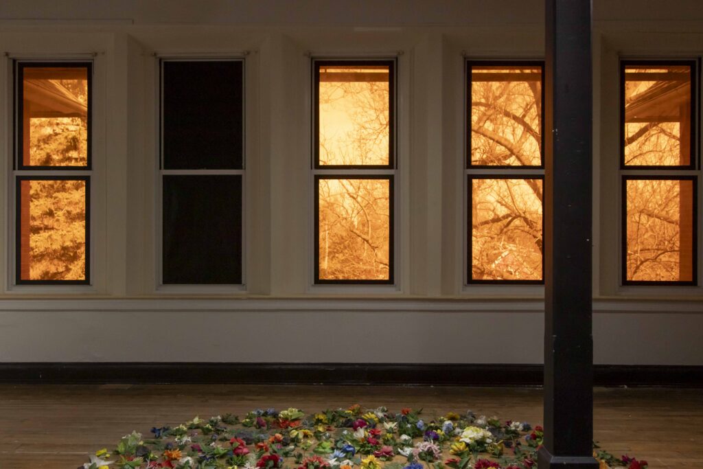 the color Andrea Estrada, a funeral director, chose to represent her feelings about climate change
lighting gels, acrylic paint on paper, tape
2026