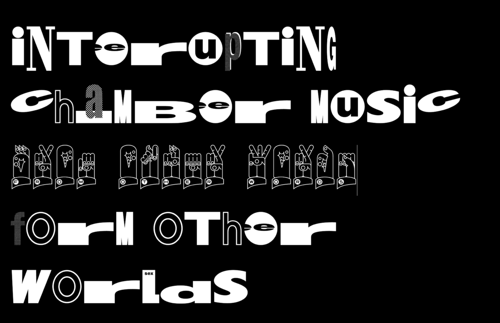 A screenshot from Nat Pyper and Noa Micaela Fields' performance "Speak the Unhearable" at Wrightwood 659 in response to the exhibition Martin Wong: Chinatown USA. The text reads, partially written in Martin Wong's sign language system, "interrupting chamber music / from other words / form other worlds." Image courtesy of the artists.