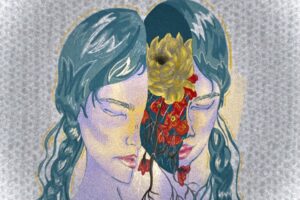 An illustration of a woman with braids. Her eyes are closed. Her head is split down the center revealing a cross-section of the inside. There are several flower blooms inside. Illustration by Erika Sakata.