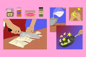 Image: Several panels show a person cutting up a written text, pouring ingredients into a bowl, frying up the ingredients, and molding them with their hands. Above the left panel are four containers with the following "ingredients:" community care, ancestral gifts, decolonialism, and liberation. The background of the illustration is pink. Image made by Kim Thái Nguyễn.