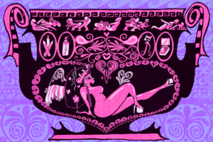 An illustration of a Greco-Roman vase with handles in front of a purple background. On the vase are various images of people having sex and a central figure reclining seductively.