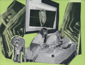 Zsofi Valyi-Nagy and Clara Venice of the duo, Soft Reset, perform atop a lime green background, and a set of two repeated hands typing. Visual created by Bri Robinson.