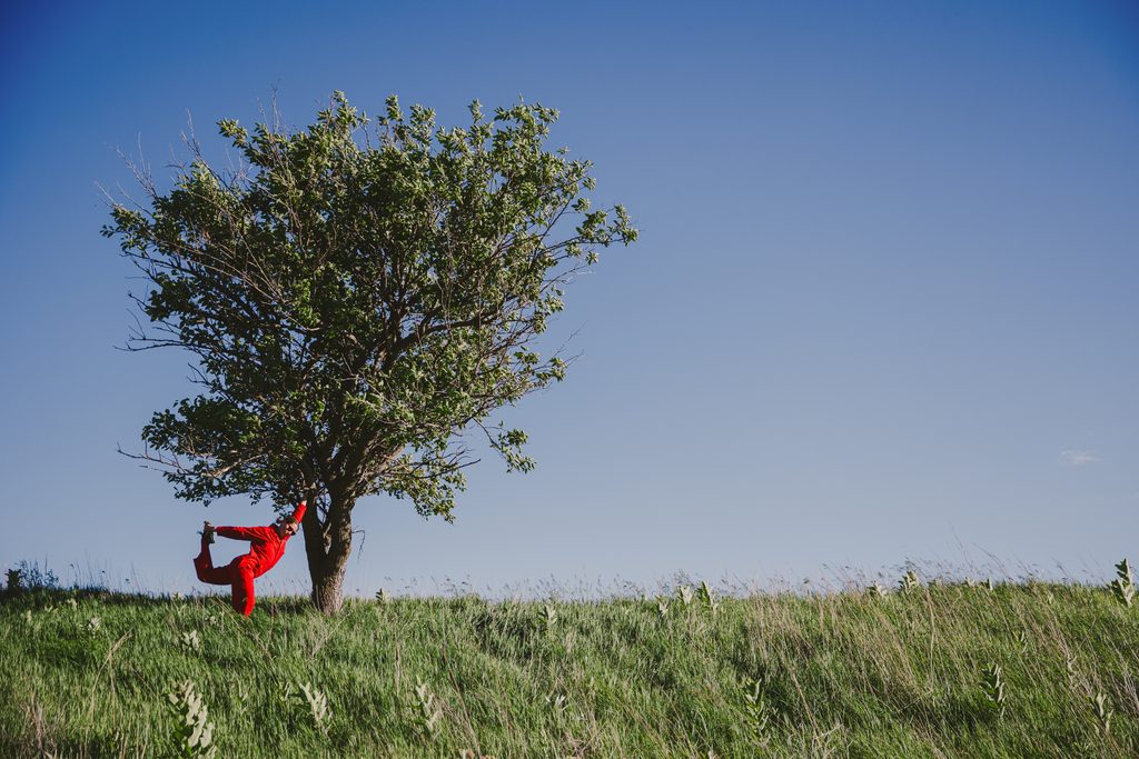A shot from "Butterfly Milkweed". A performer dressed in red, stands in front of a tree on the grasses of Glacier Creek Preserve, on one foot with an arm pulling their other foot upwards from the back of their body with their other arm stretched upwards. Image by Ben Semisch.