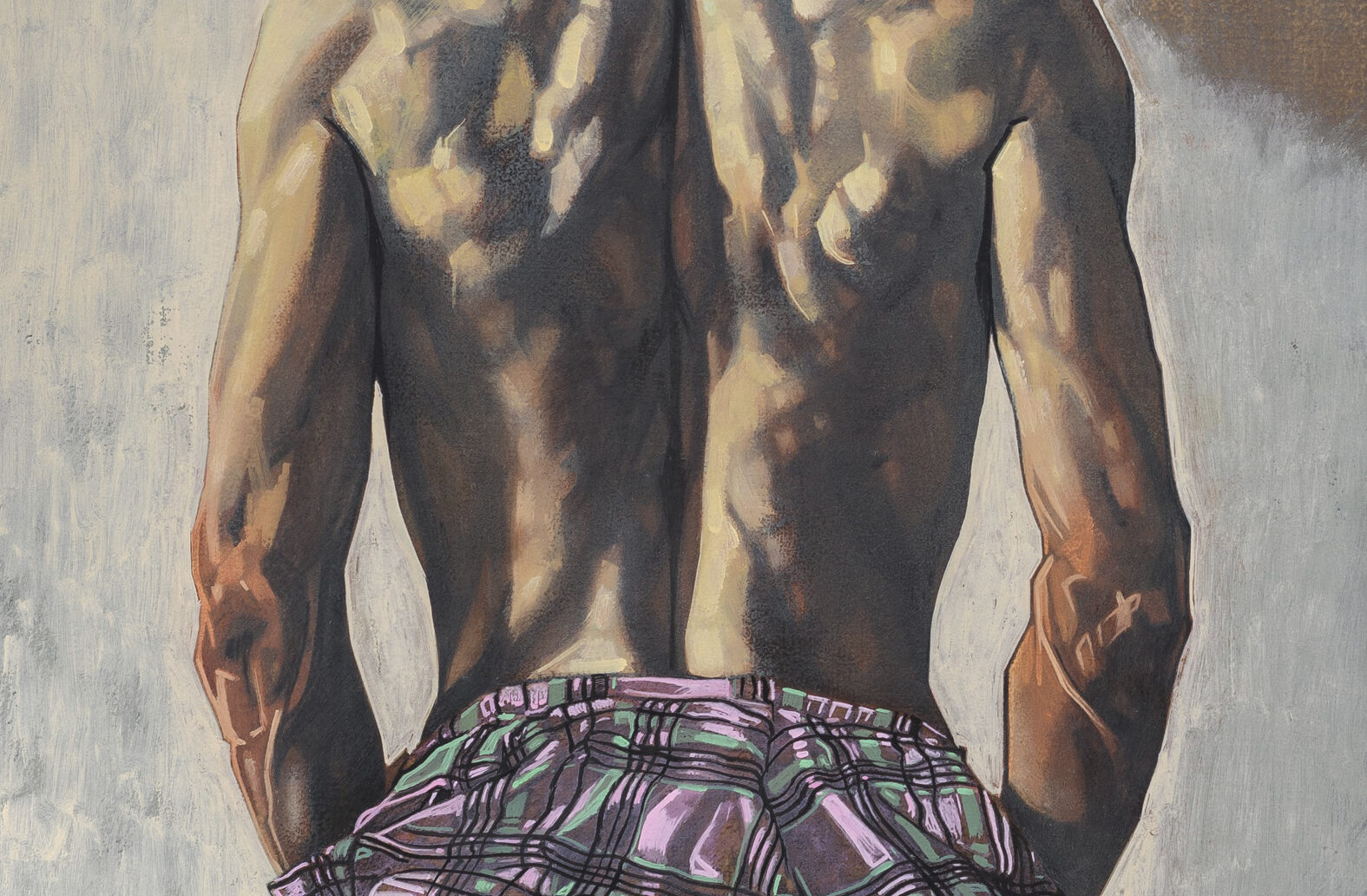 Image: A cropped version of Kyle Christensen-Knowles' painting "Self, Verso." An oil painting of a man’s lean, muscular backside with a pink-and-green plaid miniskirt pulled up around his waist. Image courtesy of the artist and Nightboat Books.