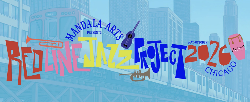 Graphic with "Red Line Jazz Project 2026 Chicago" written in different colors with an illustration of CTA in the background with a trumpet. Image still from video by Paul Araki Elliot, provided by Mandala Arts.