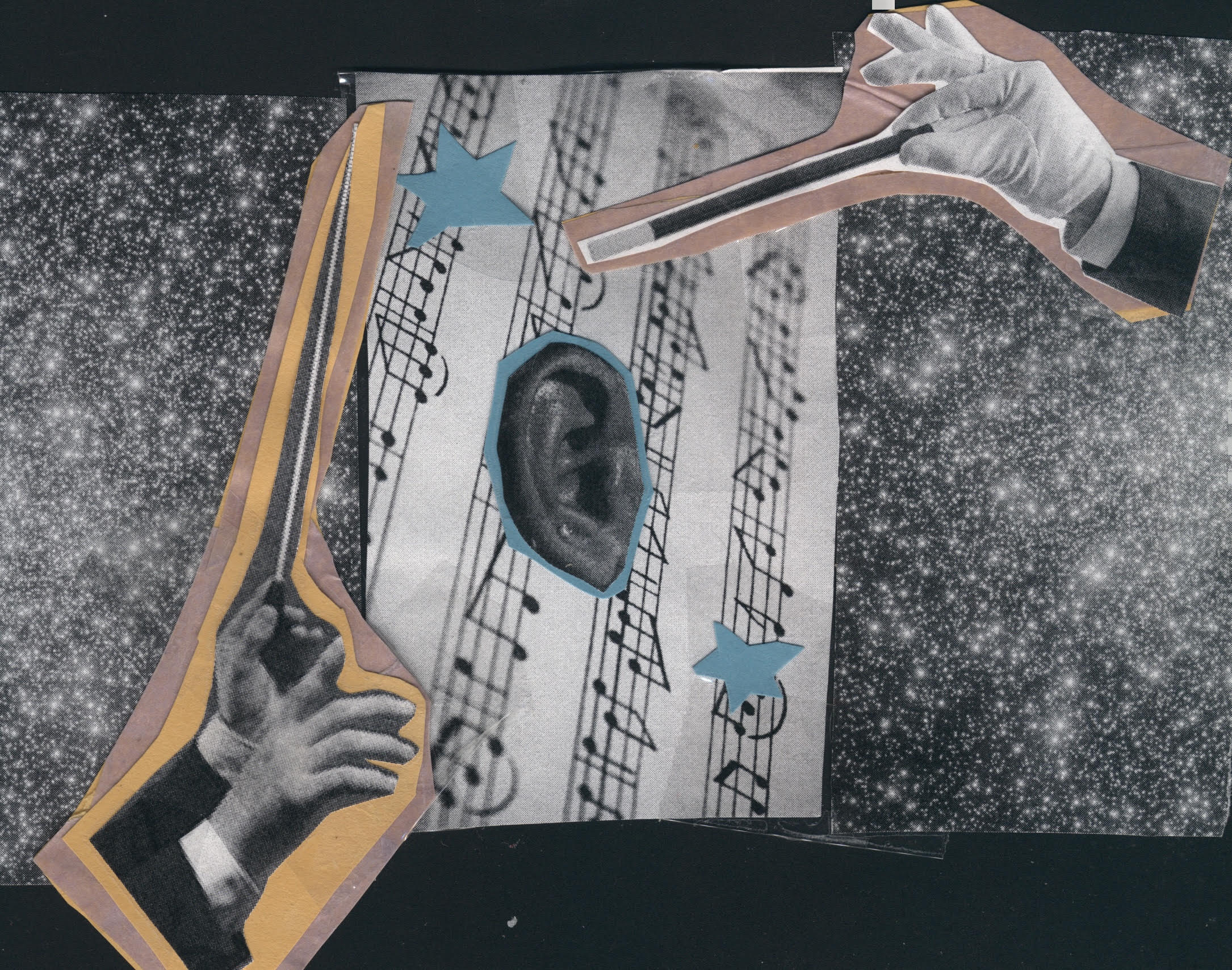 The hands of a magician and a band conductor emerge from colored paper set atop galaxies and stars. In the center, an ear rests on music notes, around paper stars. Image by Bri Robinson.