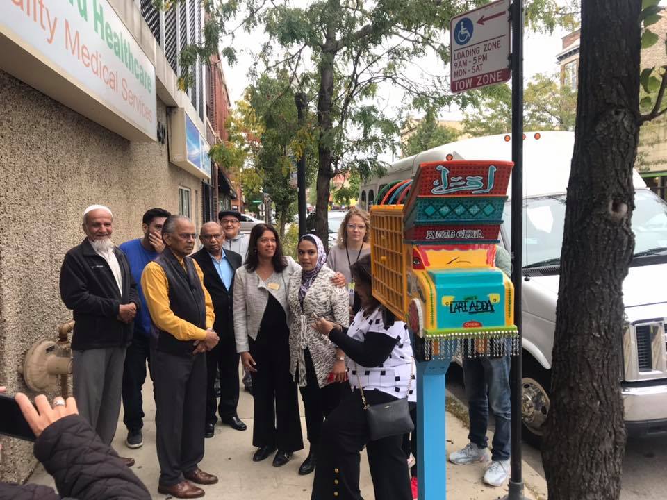 Urooj Shakeel at the ribbon cutting ceremony for Truck Art Meets Little Free Library at Devon Avenue and Clark Street. Photo by Hilesh Patel.